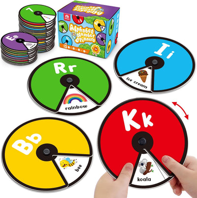 Interactive Alphabet Spinning Card for Toddler, ABC Letters Numbers Learning Game, Pattern Color Sight Words Educational Flashcard, Montessori Toy Gift for Preschool 3 4 5 Year Old