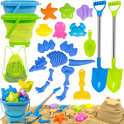 Beach Sand Toys Set, Includes Collapsible Buckets 2 Big Size Sand Shovels, Rake, Animal Sand Molds Toys with Mesh Bag, Sandbox Kit for Kids Age 3+(22 PCS)