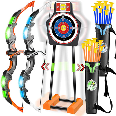 2 Pack Bow and Arrow Set, 2 Colors 20 Suction Cup Arrows & Moving Standing Target, Light Up Archery Toys for Kids, Age 4-12 Years Old Boys Girls Indoor and Outdoor, Birthday Gifts Christmas Ideas