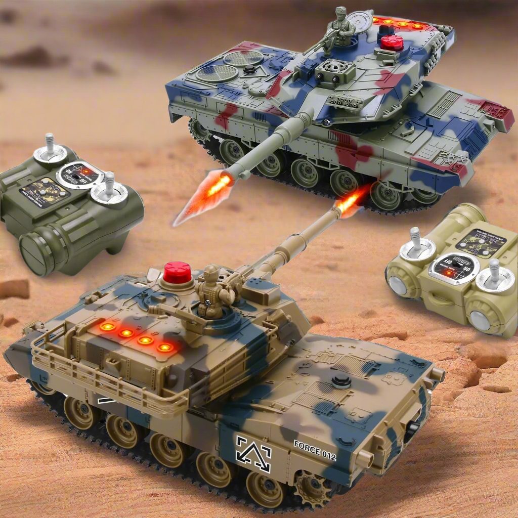 RC Tank Set, 35 Mins Playtime Remote Control Military Toys, 1/24 Scale RC Army Battle Tanks with Life Indicators and Spray, Set of 2 RC Vehicles for Kids and Adults - Toyigo