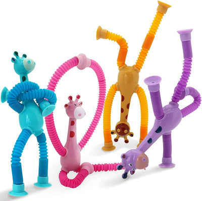 4 Pieces LED Telescopic Suction Cup Giraffe Toy, Shape Changing Telescopic Tube Fidget Toys, Pop Tubes, Fidget Tubes Sensory Toys for Girls Boys (Giraffe)