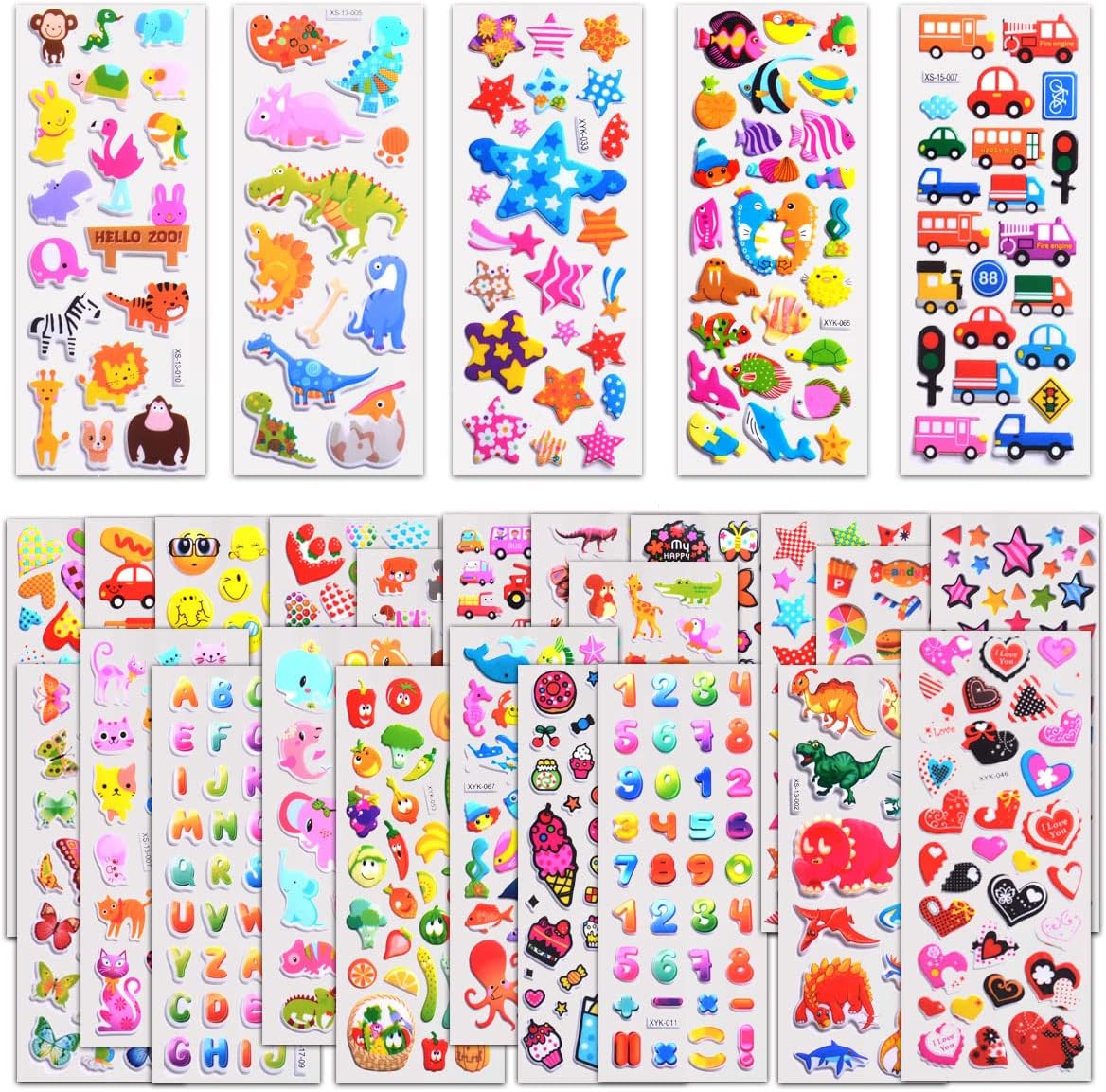 3D Puffy Stickers 40 Different Sheets, Cute Stickers Variety Pack for Kids Scrapbooking, Stickers for Kids 1000+, Gifts, Rewards Including Animals, Stars, Fishes, Hearts, Dinosaurs, Cars and More