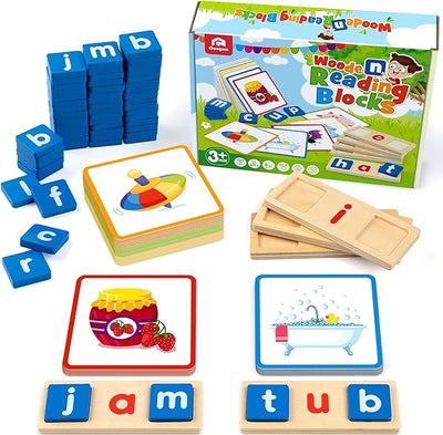 Wooden Short Vowel Reading Letters Sorting Spelling Games, Site CVC Words Learning Flashcards, Alphabet Puzzle Montessori Educational Toy Gift for Kids 3 4 5 Years Old