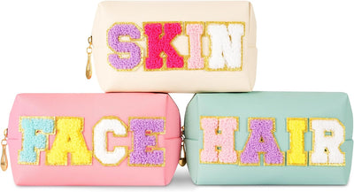 3 Pcs Preppy Makeup Bag, Travel Cosmetic Bag, PU Leather Waterproof Toiletry Bag, Cute Pouch for Teen Girls & Women