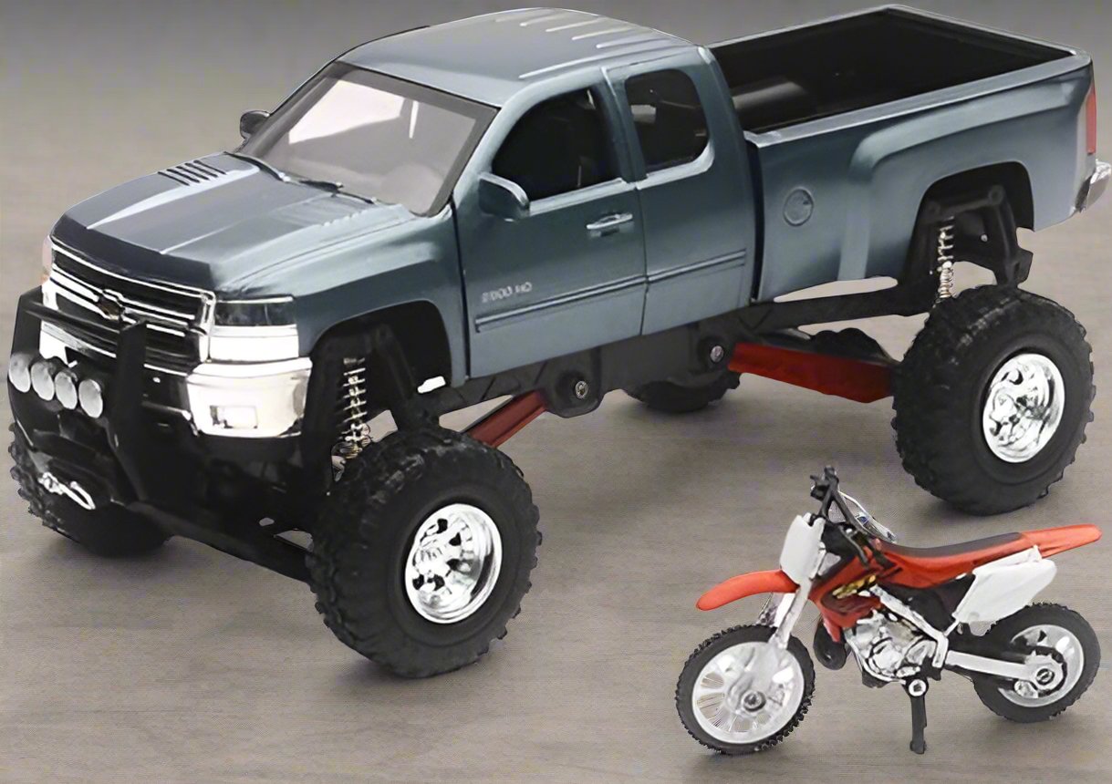 Pickup Truck, Chevrolet 4x4 Gray Silverado Pickup Truck Working Suspension and 1/32 Scale Die Cast Blue Chevrolet Silverado and Honda Dirt Bike For Kids - Toyigo