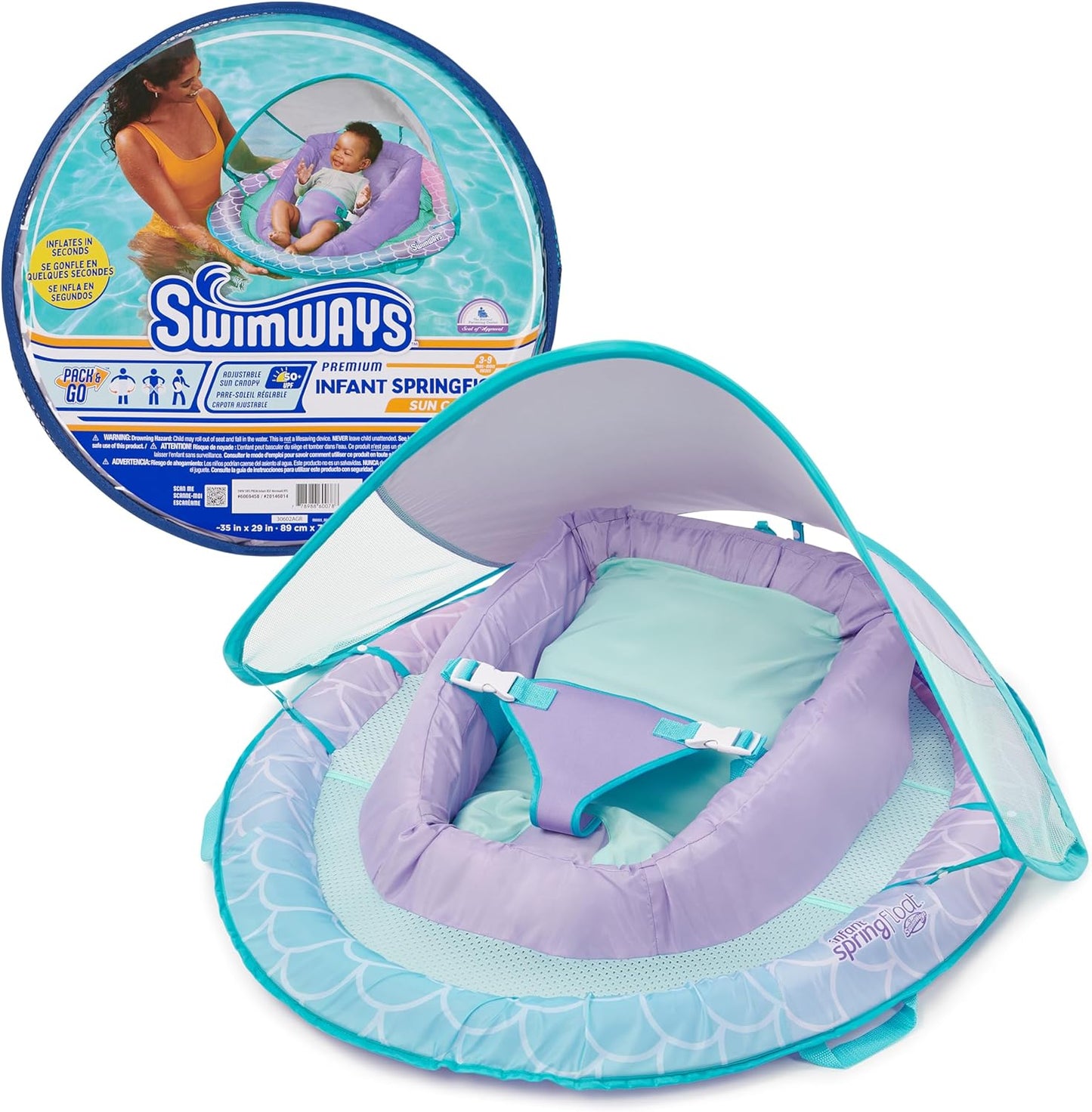 Infant Spring Float, Baby Pool Float with Canopy & UPF Protection, Swimming Pool Accessories  3-9 Months, Mermaid for Kids