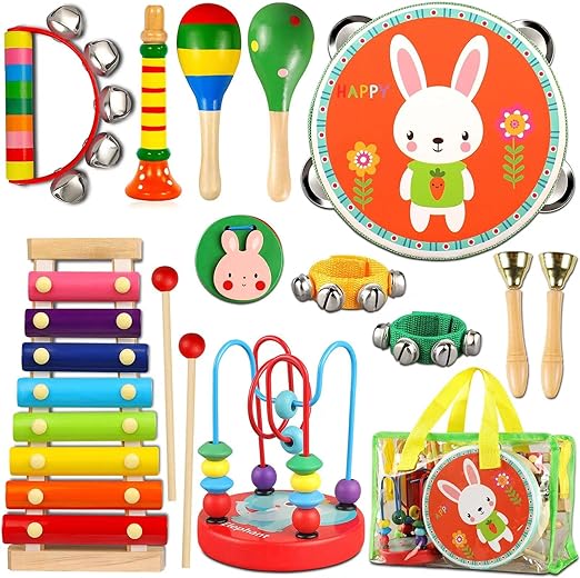 Preschool Educational Musical Toys, Toddler Musical Instruments Toys, Wooden Percussion Instruments Set for Kids Baby with Xylophone , Boys and Girls with Storage Bag(12pcs) - Toyigo