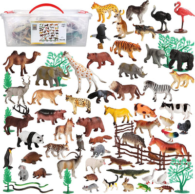 100 Piece Set of Animal Plastic Figures Playset, Includes Migration Wild, Safari, Zoo, Jungle, Farm, Forest, Desert, Ocean Animals, Birds, Action Toy Figures Accessories and Container kids Toys