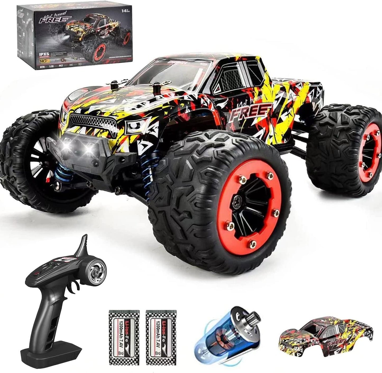 Remote Control Car, 1:18 Scale 2.4Ghz All-Terrain RC Cars, 40+km/h High Speed Remote Control Car, 4x4  Waterproof Off -Road RC Monster Trucks with 2 Batteries, Fast 2.4GHz All Terrain Toy Trucks ,for 40Min Play, RC Toys Gifts for Boys - Toyigo