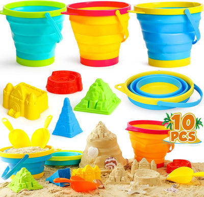 Collapsible Beach Toys, Sand Toys for Toddler Kid with 3 Collapsible Sand Bucket Shovel Molds, Sandbox Toy for Kid Toddler, Travel Beach Foldable Bucket for Age 3-4-5-6-8-10