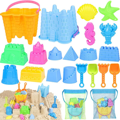 Beach Toys, Sand Castle Toys with 2 Sand Bucket, 2 Mesh Bag, 4 Sand Shovels & Sand Molds, Travel Sand Toys for Beach Sandbox Toys for Toddlers Kids Baby Boys Girls Age 3-10