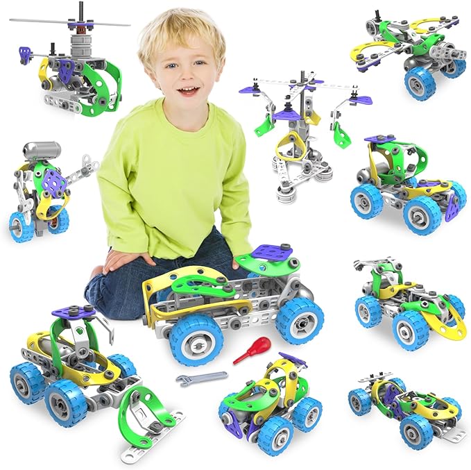 10-in-1 Motorized Erector Sets for Kids Ages 4 5 6 7 8+, 107Pcs STEM Building Toys for Boys Girls 3-5 4-8 5-7 6-8 Year Old, Engineering Kit, Electric Motor, Creative Educational Gift Learning Activities