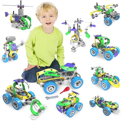 10-in-1 Motorized Erector Sets for Kids Ages 4 5 6 7 8+, 107Pcs STEM Building Toys for Boys Girls 3-5 4-8 5-7 6-8 Year Old, Engineering Kit, Electric Motor, Creative Educational Gift Learning Activities