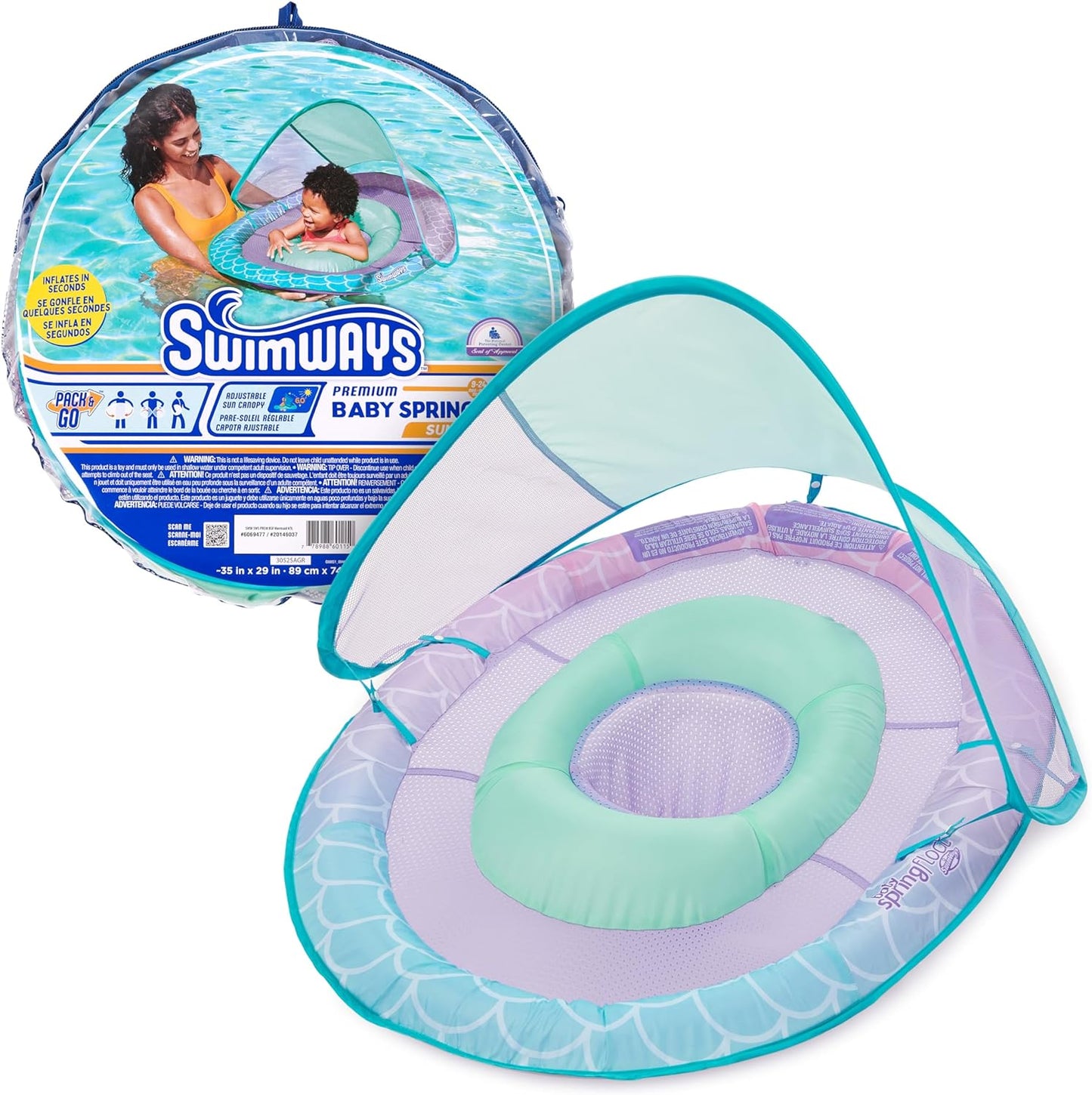 Baby Spring Float, Baby Pool Float with Canopy & UPF Protection, Swimming Pool Accessories for Kids 9-24 Months, Mermaid