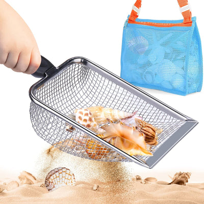 Beach Mesh Shovel, Mesh Beach Bag for Shell Collecting, Kids Filter Sand Scooper for Picking Up Shells, Shark Tooth Sifter Dipper for Boys and Girls Toys