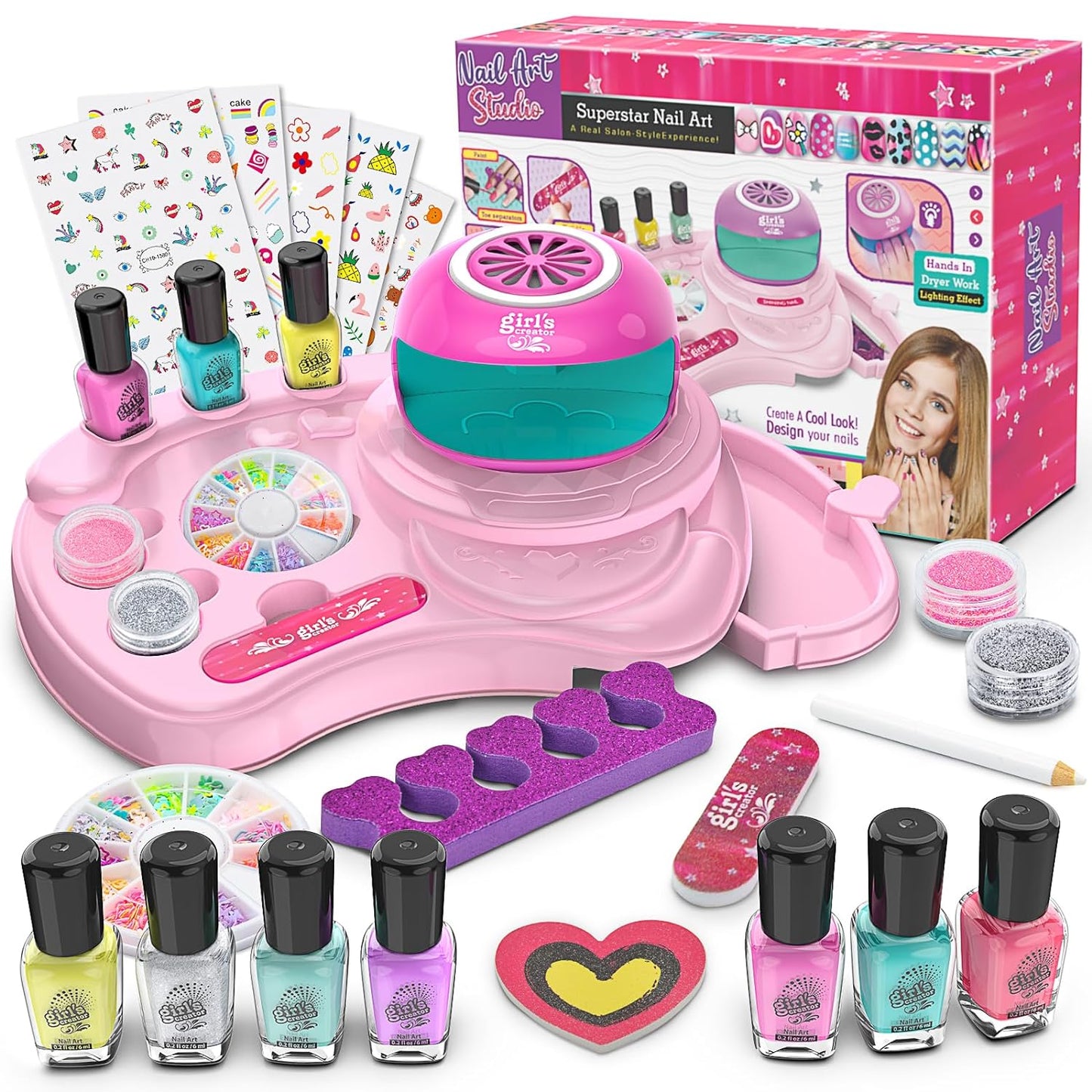 Nail Polish Kit for Kids Ages 7-12 Years Old, Nail Art Studio Set for Girls, Nail Dryer, Peeled-off Nail Polish, Glitter, Stickers, Gems, Manicure Salon Gift for Sleepover, Birthday, Christmas