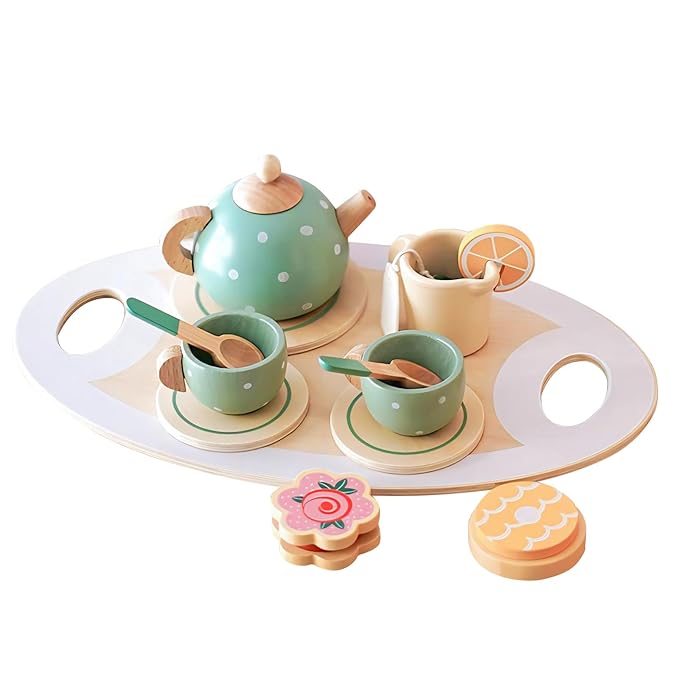 Wooden Tea Party Toys, Play House Series Afternoon Tea Toy Set, Kitchen Sets Play Food Accessories, Teapot Tea Cup Toys Pretend Play Toddler 3+ Years Old for Girls