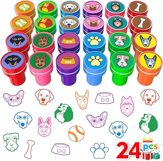 Dog Party Stamps for Kids, 24Pcs Assorted Pet Puppy Pals Self-Inking Stamps, Goodie Bag Stuffers, Paw Dog Birthday Party Favor for Kids, Teacher Stamps Reward Pinata Fillers Carnival Prizes