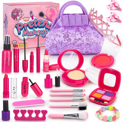 Pretend Makeup for Toddlers, BTEC Fake Makeup Set for Kids, Play Makeup Kit for Little Girls Age 2 3 4 5 6, Kids Makeup Kit for Girl with Princess Purse (24 Pack)