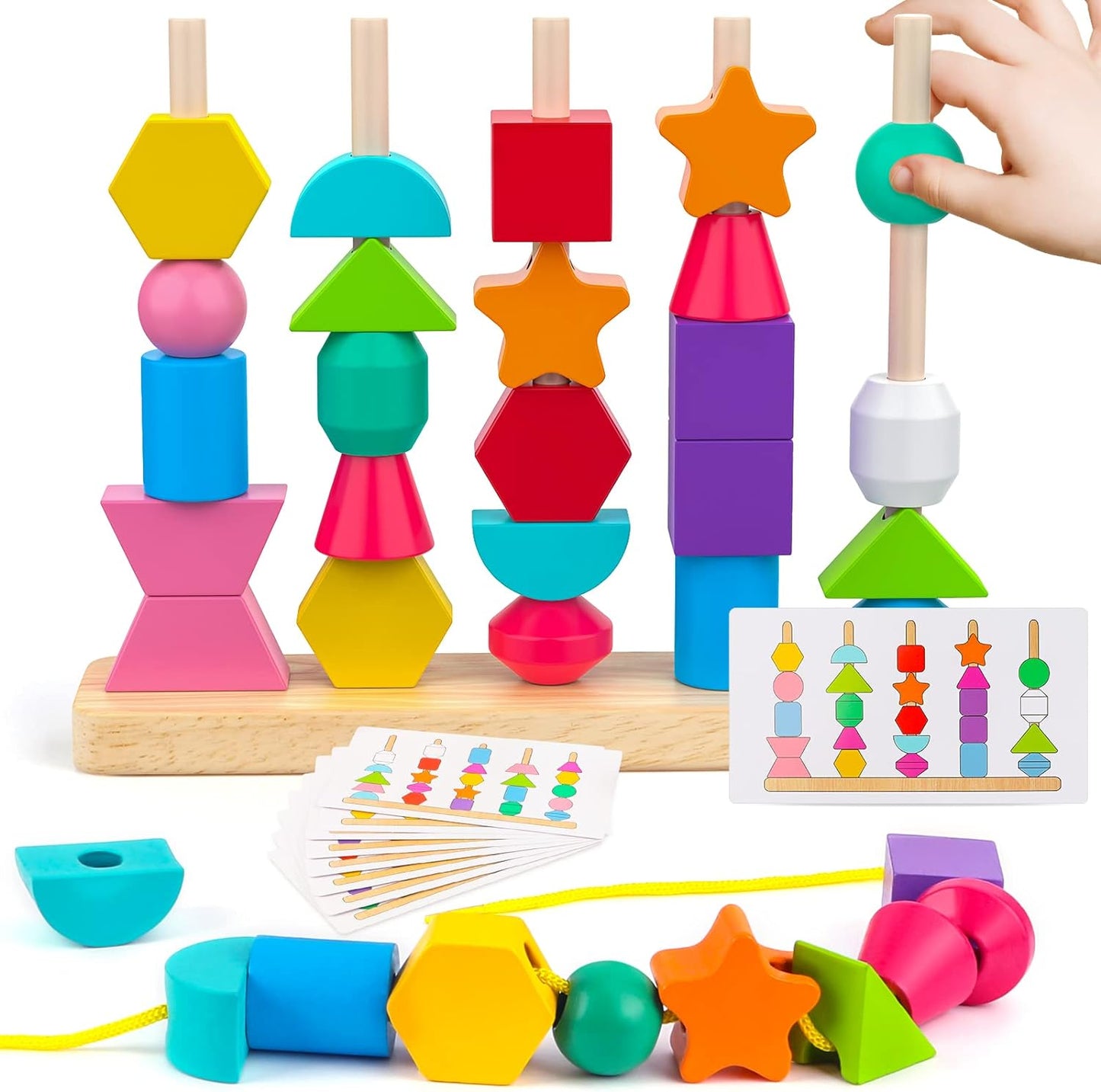 Wooden beads sequencing Toy, Stacking Blocks & Lacing Beads & Matching Shape Stacker for 2 3 4 5 Year Old STEM Preschool Learning Montessori Toys Gifts for Kids Boy Girl Toddler