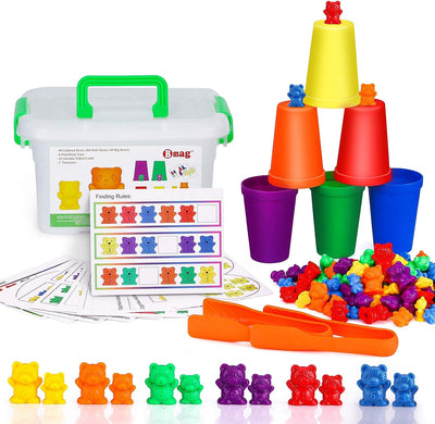 Counting Bears with Matching Sorting Cups, Number Color Recognition STEM Educational Toy for Toddler, Pre-School Learning Toy with 90 Bears, 2 Tweezers, 11 Activity Cards, 1 Storage Box