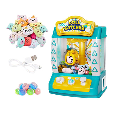 Claw Machine Candy Dispenser Toy, Electronic Mini Arcade Game for Kids and Adults, Green with 4 Plush Dolls and 6 Balls for Home Fun