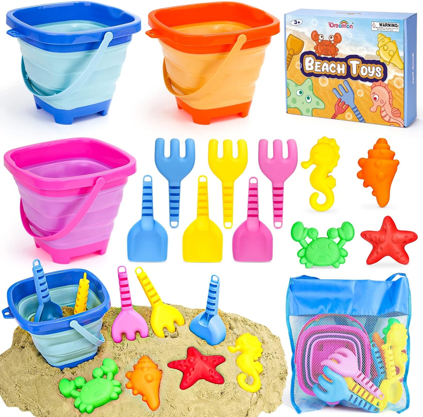 Beach Toys, Collapsible Sand Castle Toys for Beach Include 3 Pack Foldable Buckets, Shovels Molds and Storage Mash Bag for Kids 3-10, Sandbox Travel Toys for Toddlers Kids