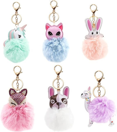 Cute Animal Pom Pom Keychain with Faux Fur Fluffy Balls Key Ring for Women Girls Bag Accessories (Style A)