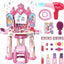 Pretend Play Girls Makeup Table Set with Stool?Open Doors by Gestures?Kids Vanity Set with Lights and Music?Toddler Beauty Salon Set with Makeup Accessories & Hair Dryer?Toy for Toddlers 2-5 Years Old