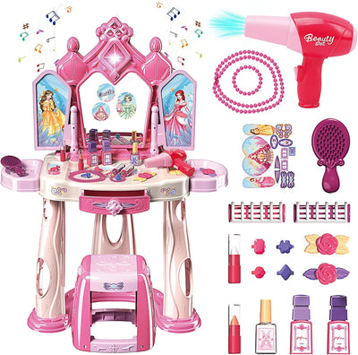 Pretend Play Girls Makeup Table Set with Stool?Open Doors by Gestures?Kids Vanity Set with Lights and Music?Toddler Beauty Salon Set with Makeup Accessories & Hair Dryer?Toy for Toddlers 2-5 Years Old