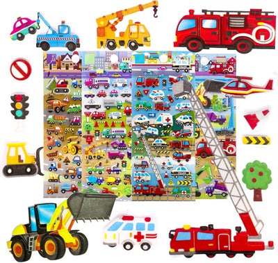 3D Puffy Stickers, Reusable Car Sticker for Toddler, Boys, Girls Includes Truck Construction Tractor - 4 Sheets  for Kids