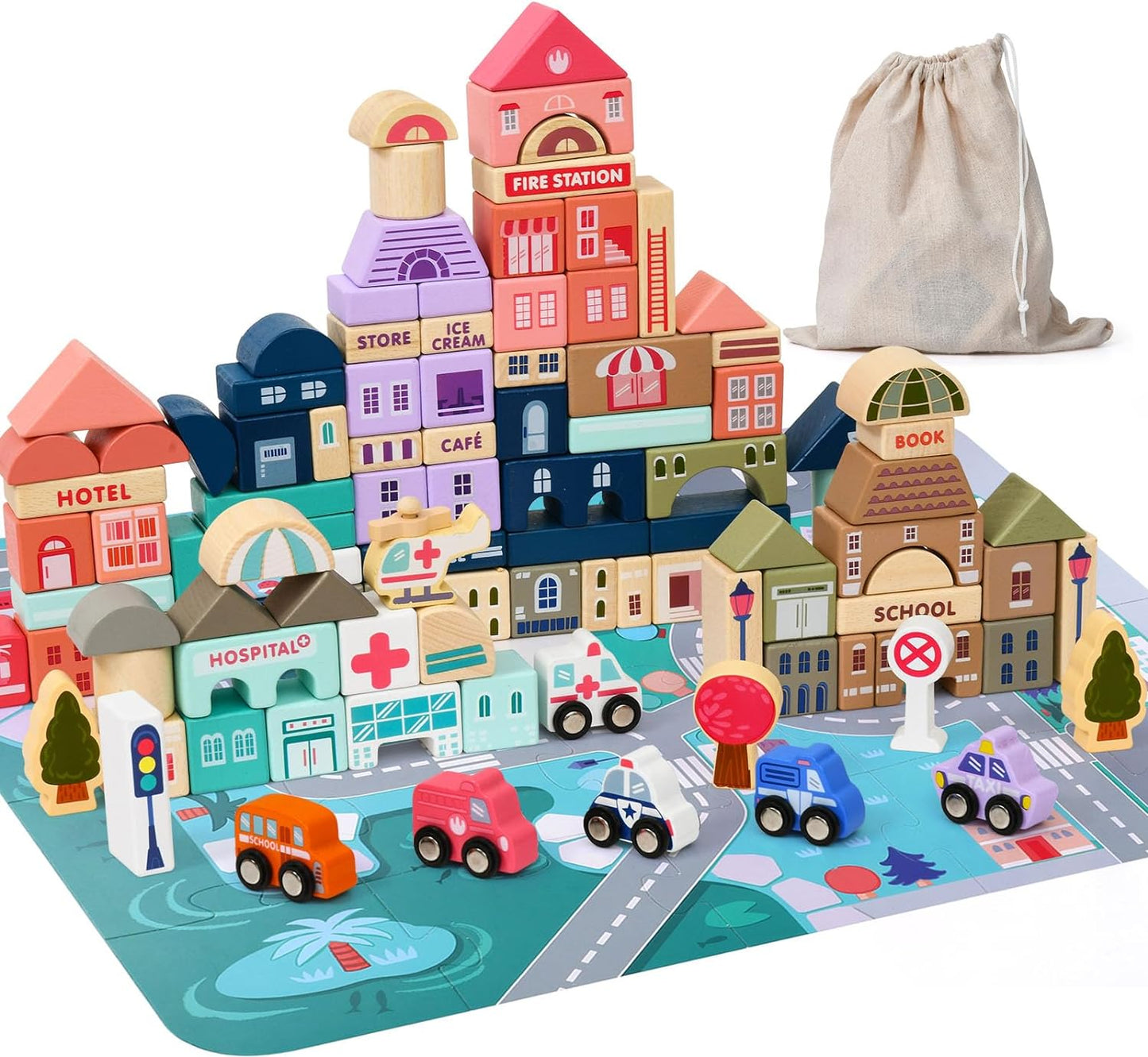 115 PCS Wooden Building Blocks, City Map Construction Building Sets, City Building Blocks Stacking Blocks, Preschool Educational Learning Toys for 3 4 5 6 Years Old Kids Boys Girls