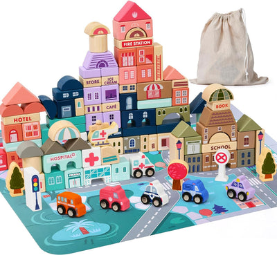 115 PCS Wooden Building Blocks, City Map Construction Building Sets, City Building Blocks Stacking Blocks, Preschool Educational Learning Toys for 3 4 5 6 Years Old Kids Boys Girls