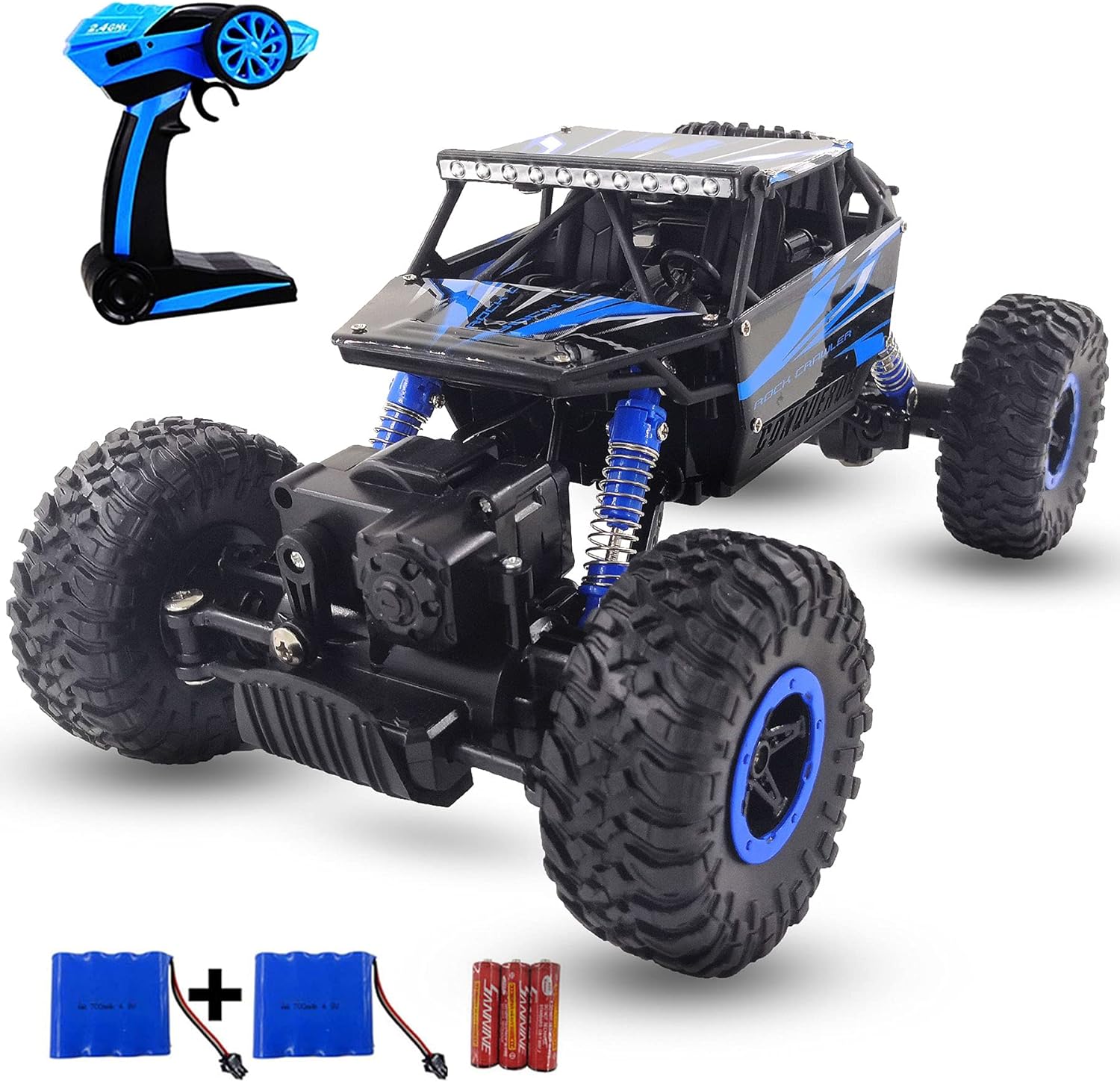 Remote Control Car, 2.4Ghz 4WD All Terrain RC,  Rock Crawler Monster Truck With 2 Batteries, Remote Control Car for Kids Boys, Blue - Toyigo