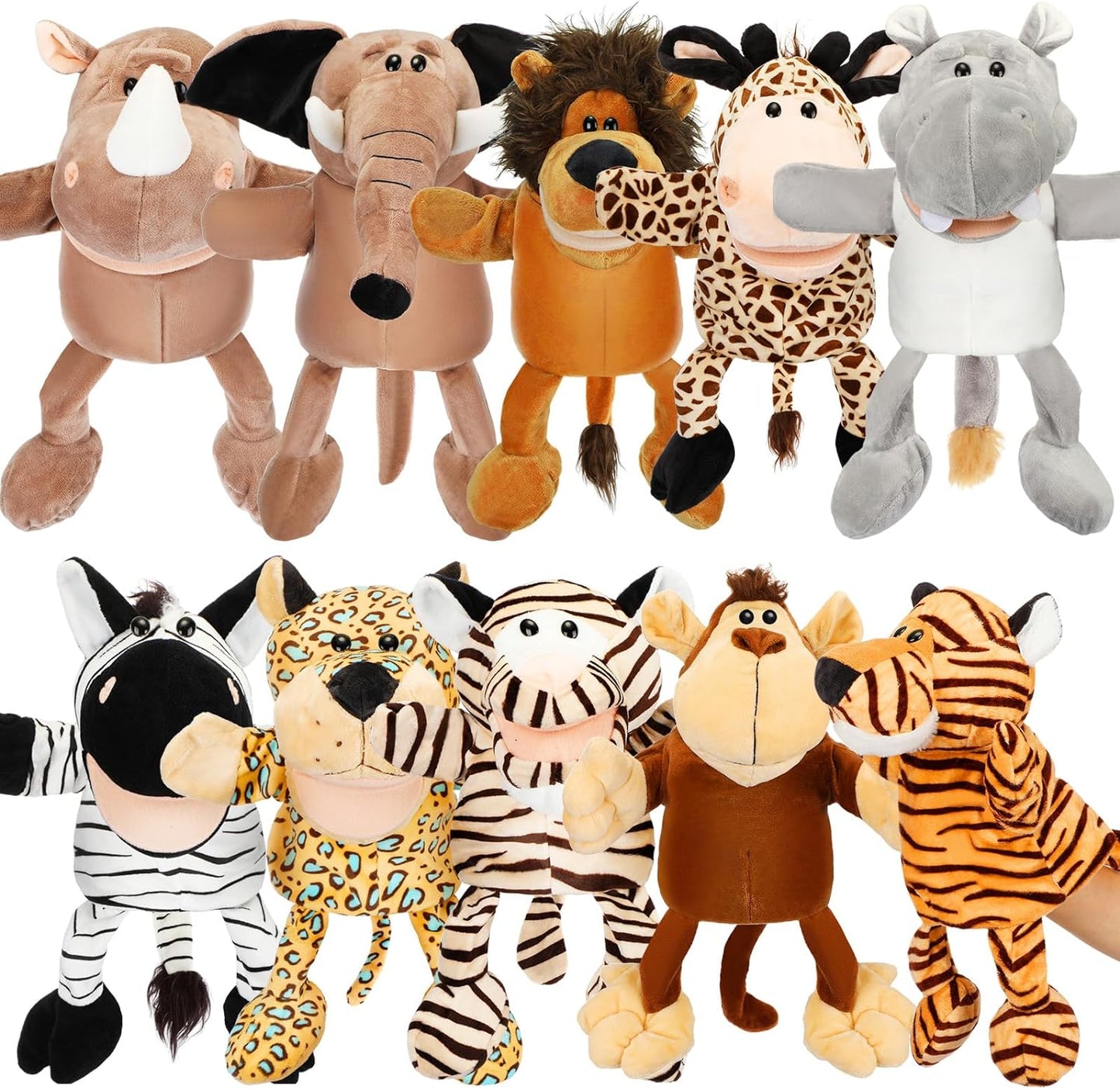 10 Pcs Animal Hand Puppets, Set for Kid Soft Plush Jungle Toys, Open Movable Mouth Friend Safari Wildlife, Zoo Puppet for Toddler Storytelling, Teaching Preschool Role Play Lion Tiger Elephant