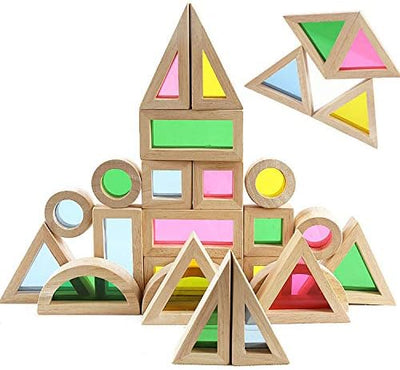 Wood Building Blocks Set, 24 Pcs Rainbow Stacker Stacking Game Construction Toys Set, Preschool Colorful Learning Educational Toys - Geometry Wooden Blocks for Boys & Girls for Kids