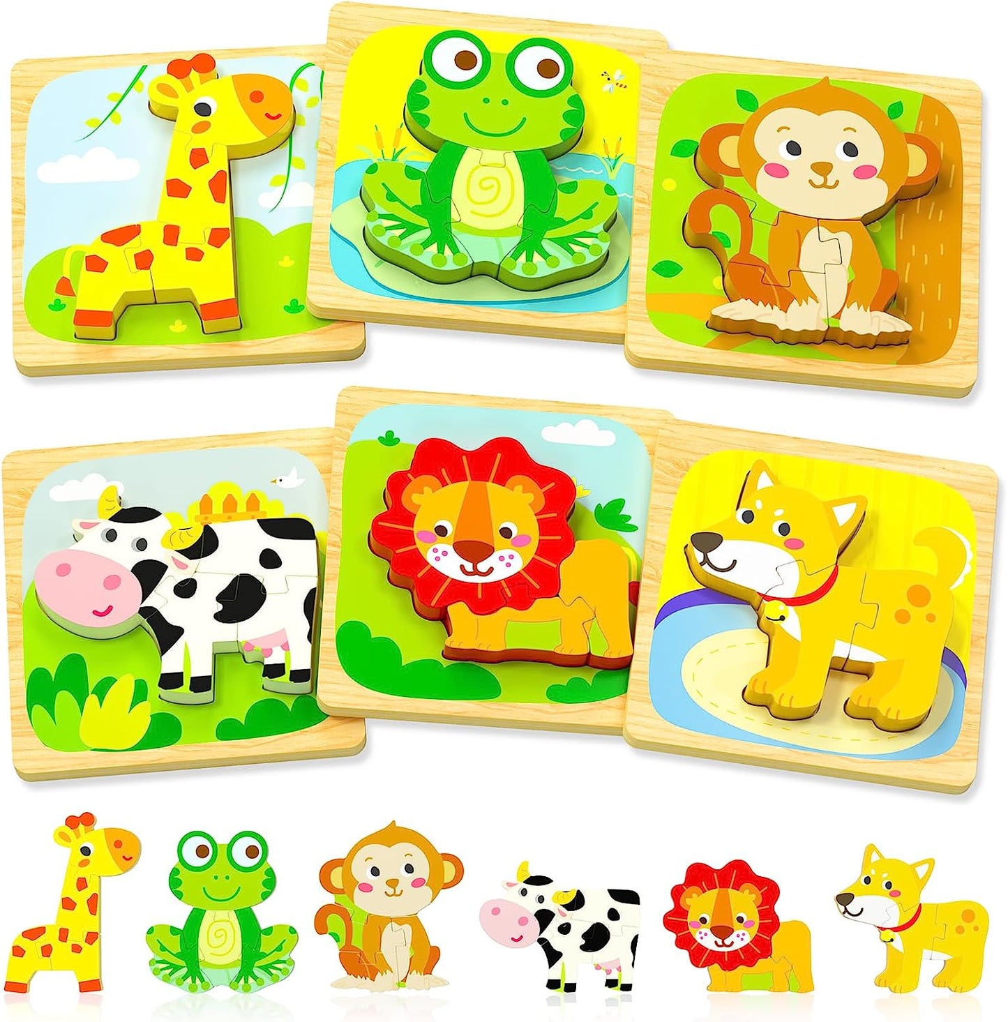 Wooden Toddler Puzzles Ages 1-3, Montessori Toys for 1 2 3 Year Old Boys Girls, 6 Pack Animal Toddler Toys, Gifts for 1 2 3 Year Old Boys Girls, Learning Educational Preschool Toys