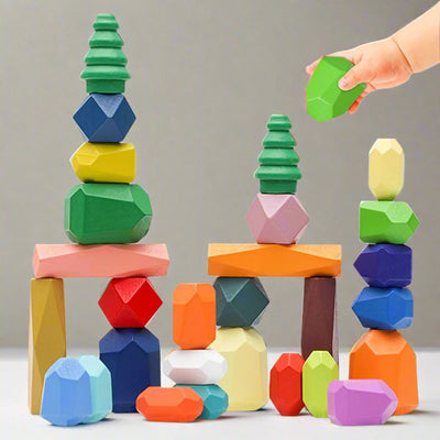 Wooden Sorting & Stacking Rocks Balancing Stones Blocks ,Montessori STEM Learning Toy Set -28Pcs