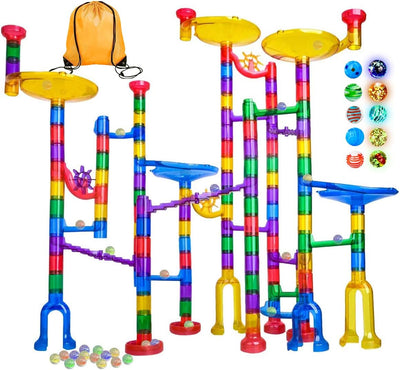 Marble Run Race Tracks, 132Pcs Marble Maze Game Building Toy for Kid, Marble Track Race Set & STEM Learning Toy Gift for Boy Girl Age 4 5 6 7 8 9+ (102 Translucent Marbulous Pcs & 30 Glass Marbles)