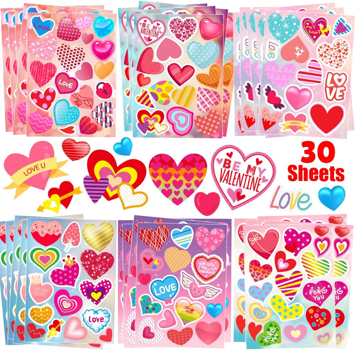 30 Sheets Valentine Stickers, 490PCS Heart Stickers, Valentine Stickers for Kids, Valentines Crafts Party Favors for Kids, Valentines Day Stickers