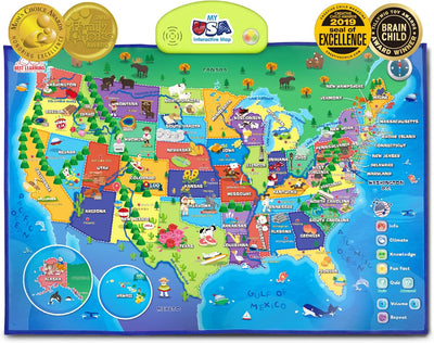 Educational Smart Talking Poster Toy, USA Interactive Map, Smart Learning Toy, Geography Electronic Game Educational Talking Poster for Children, Boy or Girl Ages 5 to 12 Years - Toyigo