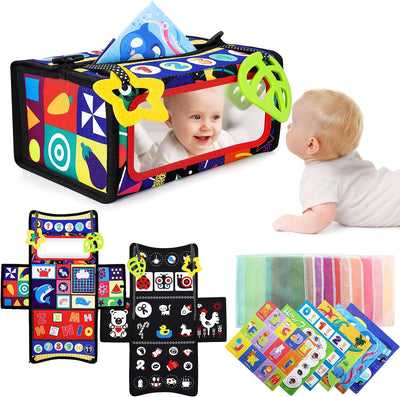 Tummy Time Mirror Toys, 3 in 1 Baby Toys 0-6 6-12 Months Newborn Infant Sensory Montessori Toys with Colorful Silk Scarves and Teethers Black and White High Contrast Tissue Box Activity Gift