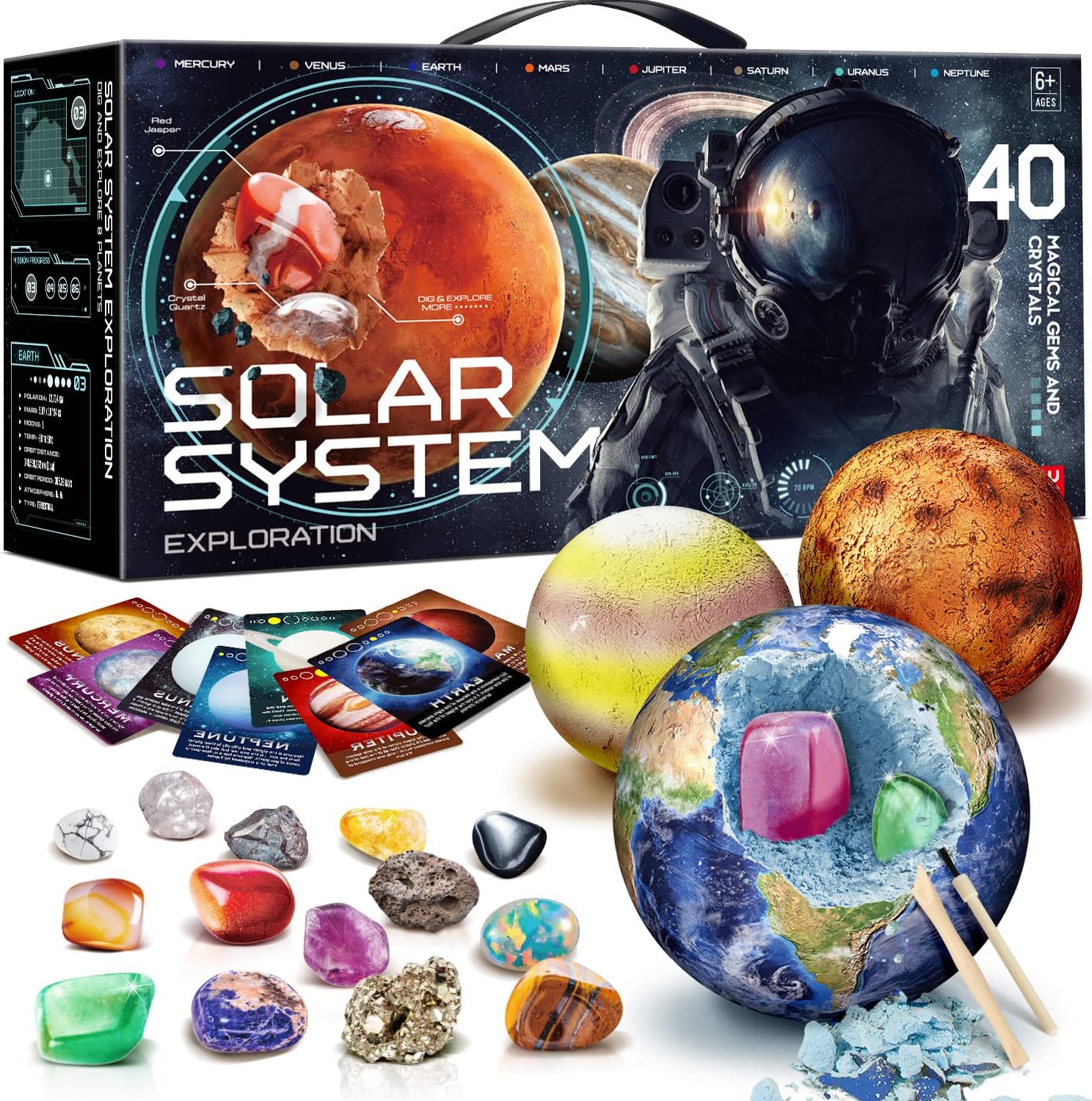 Gemstone Dig Kit, Dig up 40 Real Gems & Crystals with Mining Kit Tools, Solar System Eight Planets Toys for Kids Age 6+, STEM Science Educational Toys, Space Toys Gift for Boys and Girls - Toyigo