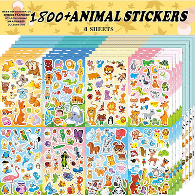 Animal Stickers Assortment Set, 8 Sheets (1800+ Count), 16 Themes Collection for Kids, Children, Teacher, Parent, Grandparent, School