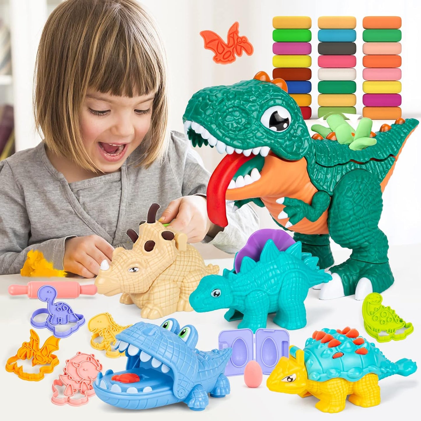 Dinosaur Dough Sets for Toddlers, Dough Tool Kit for Kids, 36 Pcs Dough Accessories Dinosaur Playset Toys for Kids 3-5 (24 Pack Dough)