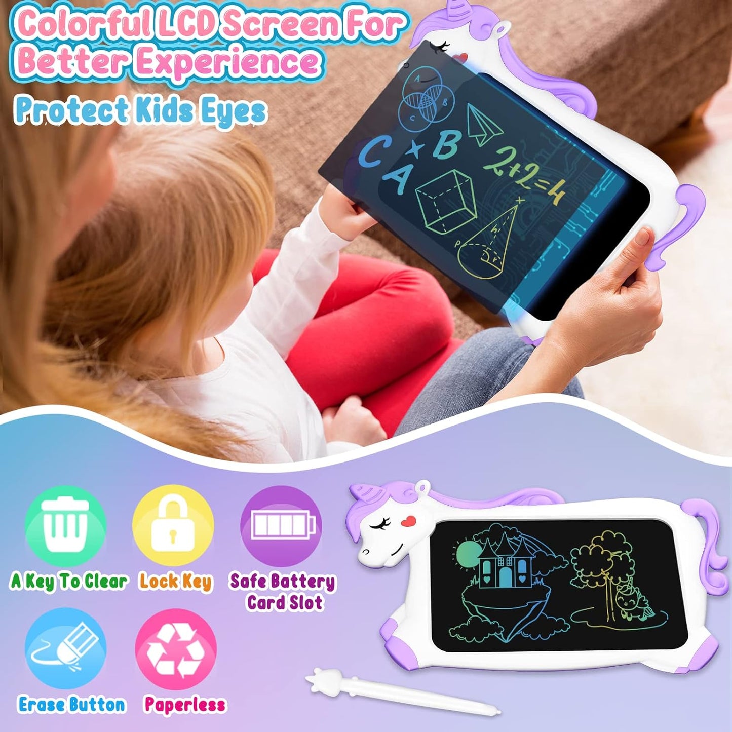 Unicorn Toy Gifts, LCD Writing Tablet for Kids, Toddler Travel Road Trip Essential Toy Gift for 3+4 5 6 7 8 Year Old, Doodle Draw Board, Easter Gifts Learning Birthday  for Girls Boys