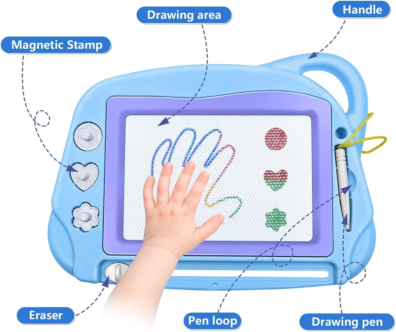 Magnetic Drawing Board Mini Travel Doodle, Erasable Writing Sketch Colorful Pad Area Educational Learning Toy for Kid, Toddlers, Babies with 3 Stamps and 1 Pen