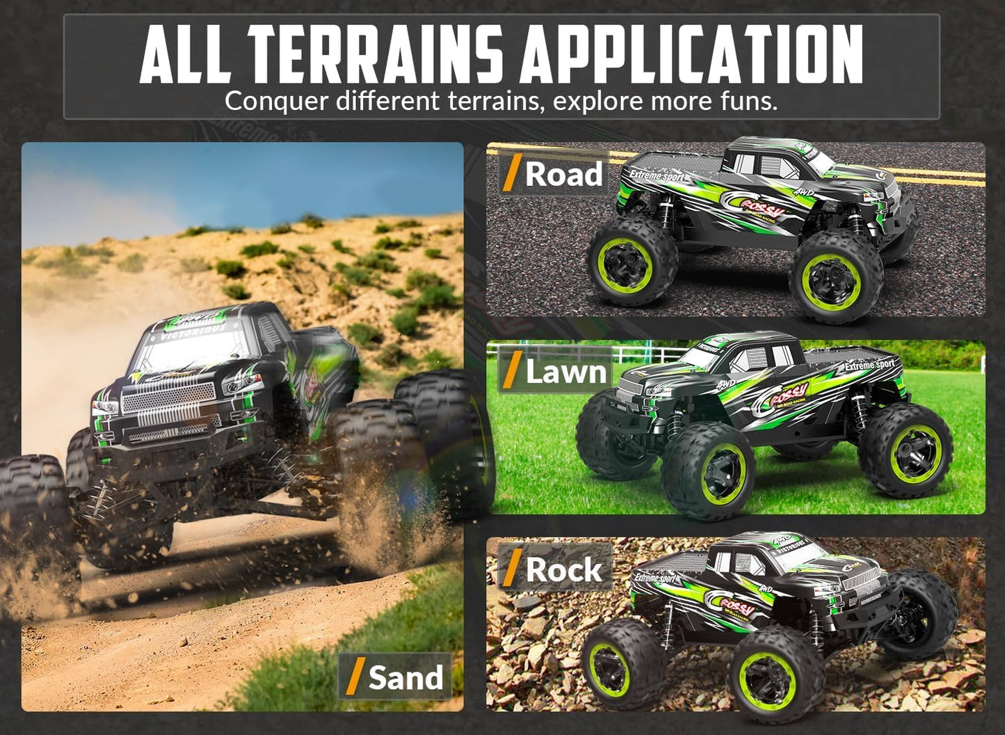 RC Truck Cars, 1:16 Scale All Terrain Monster Truck, 40KPH High Speed Remote Control Cars, 30MPH 4WD Off Road Monster Truck, 2.4Ghz Radio Control, 2 Rechargeable Batteries, 40+ Min Play, Gift for Boys Adults - Toyigo