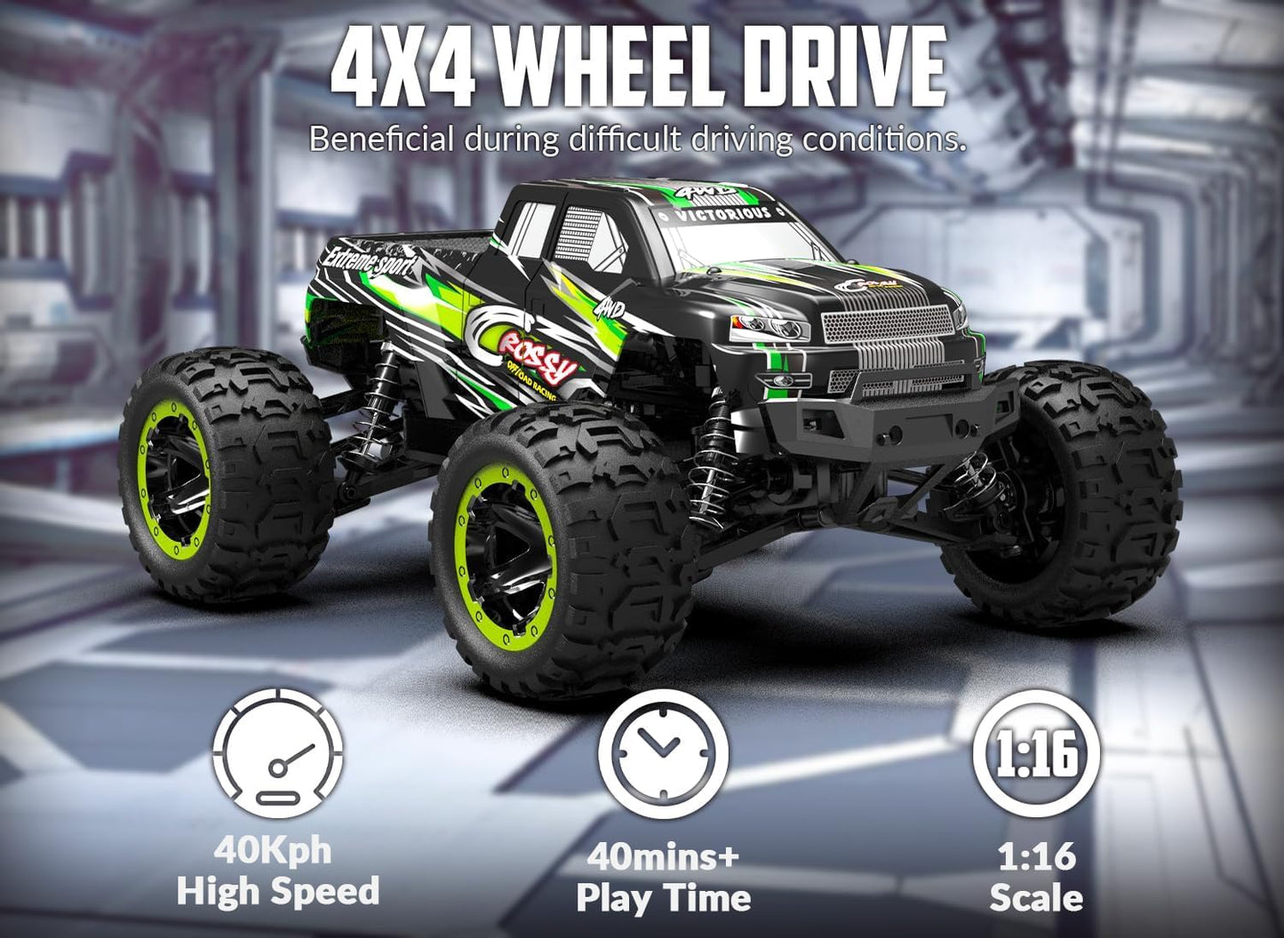 RC Truck Cars, 1:16 Scale All Terrain Monster Truck, 40KPH High Speed Remote Control Cars, 30MPH 4WD Off Road Monster Truck, 2.4Ghz Radio Control, 2 Rechargeable Batteries, 40+ Min Play, Gift for Boys Adults - Toyigo