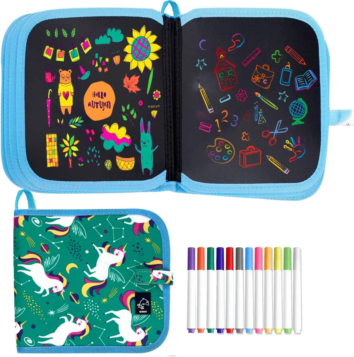 Erasable Doodle Book, Toddlers Activity Toys, Preschool Travel Art Toy, Reusable Drawing Pads with 12 Watercolor Pens,  Road Trip Car Game, Writing and Painting Set for Kids - Toyigo